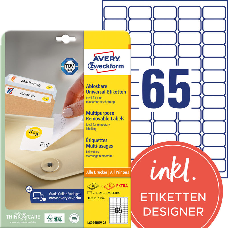 Avery Zweckform – Universal-Etiketten, 38 mm × 21 mm, weiss, Papier, wiederablösbar, 30 Blatt