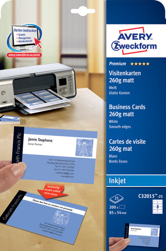 Avery Visitenkarten, 85 × 54 mm – A4, 8 pro Blatt – 200 Karten – FSC-zertifiziert, beidseitig bedruckbar