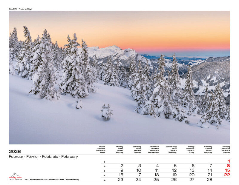 Calendaria Bildkalender Swiss Panorama 2026 – 40 × 31 cm – mit Aufhänger, mit Kartonrückwand