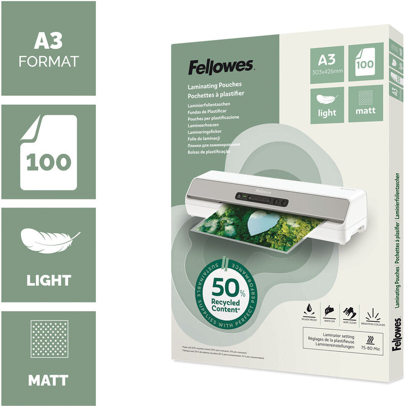 Fellowes Laminierfolien A3 – 80 µm, matt, 100 Stück
