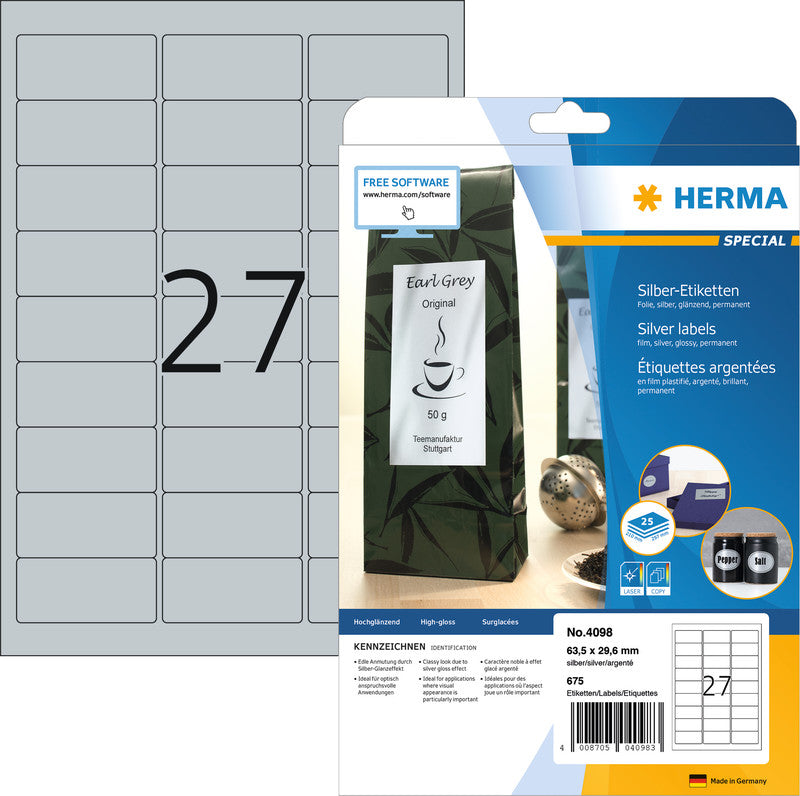 HERMA Drucketiketten, 64 mm × 30 mm, silber, Folie, permanent, 25 Blatt