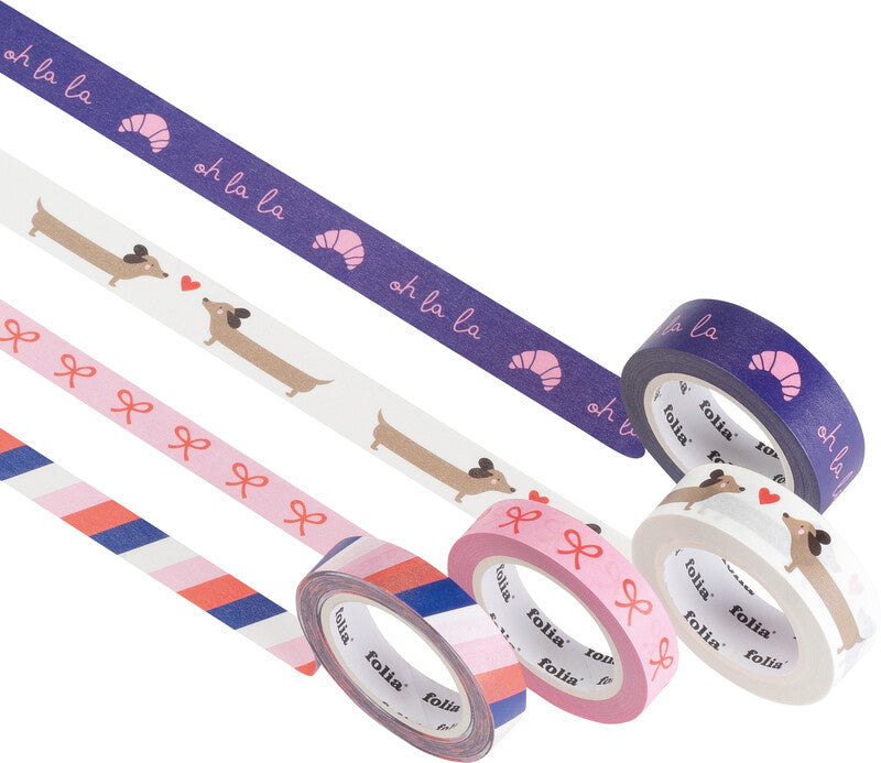 Folia Washi Tape Set – Breitenmix 10/15 mm × 10 m, Mehrfarbig, Papier, Wiederablösbar, 4 Rollen