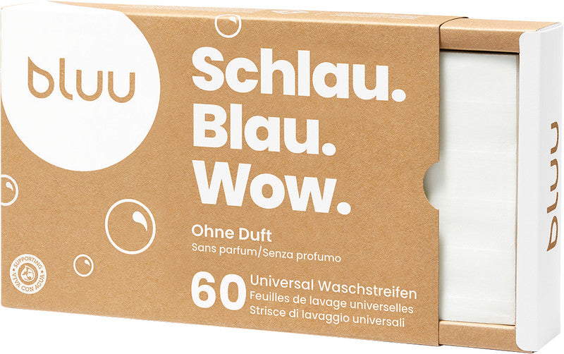Bluu Waschstreifen, für alle Textilien, vegan, parfümfrei, 60 Streifen