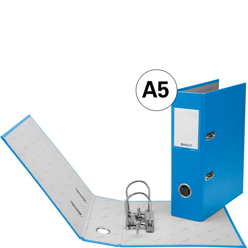 Biella Plasticolor Ordner – A5 Hochformat – 2-Ring Hebelmechanik, Rücken 70 mm – Blau, mit Niederhalter, FSC
