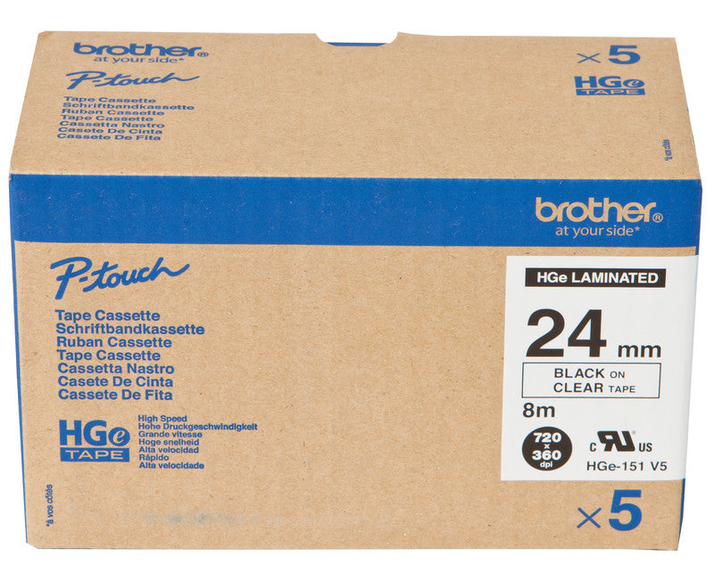 Brother Schriftband – 24 mm × 8 m, transparent, schwarz, HGe – 5 Stück