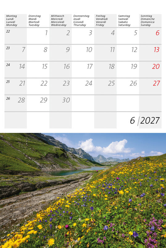 Calendaria Kleiner Schweizer – Bildkalender Schweiz 2027 – 14,8 × 22 cm – Kalendarium d/f/i/e – 12 Postkarten
