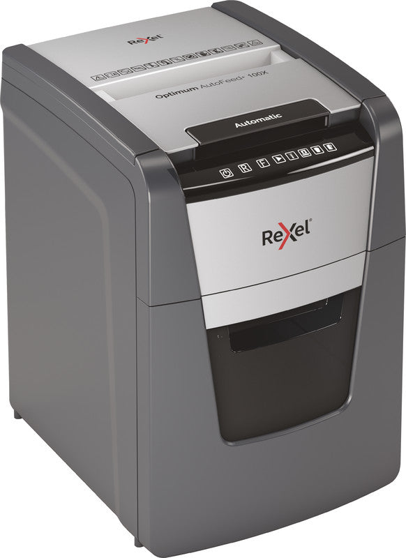 Rexel Optimum AutoFeed+ 100X – Aktenvernichter mit Autofeed 100 Blatt, DIN P-4, Partikelschnitt 4 × 28 mm, 34