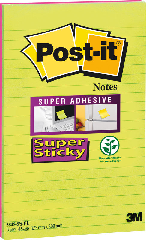 Post-it Super Sticky Haftnotizen – 125×200 mm – sortiert, 2×45 Blatt, liniert, PEFC