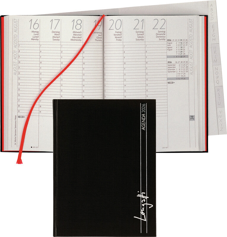Biella LONGATTI Agenda – 1 Woche/2 Seiten, gebunden, 15 × 20 cm, Jan–Dez 2026, schwarz