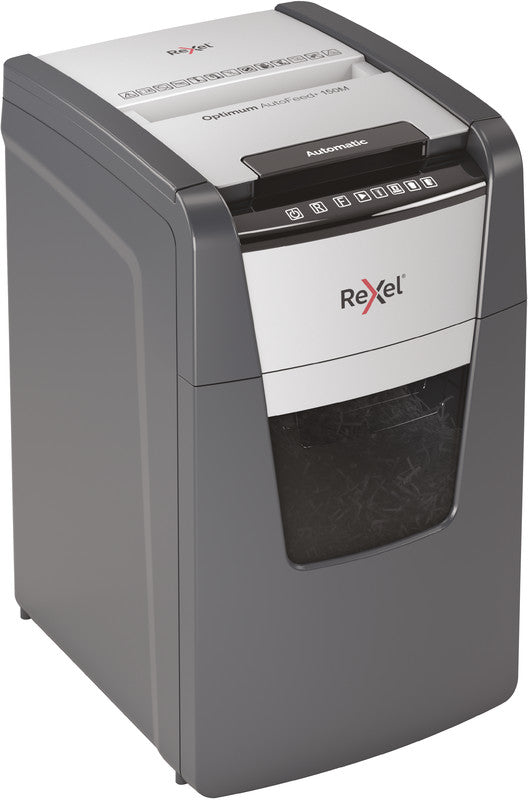 Rexel Optimum AutoFeed+ 150M – Aktenvernichter mit Autofeed 150 Blatt, DIN P-5, Mikroschnitt 2 × 15 mm, 44 l
