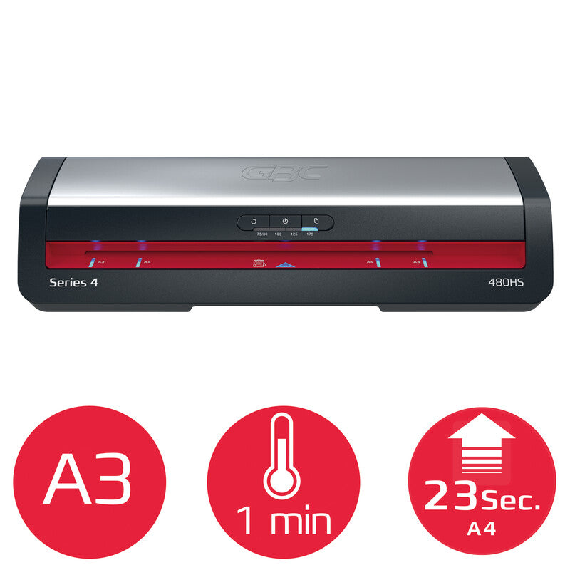 GBC 480HS Laminiergerät A3 – 4-Rollen, 75–125 µm, 1 Min. Aufheizzeit, 500 mm/min, Silber