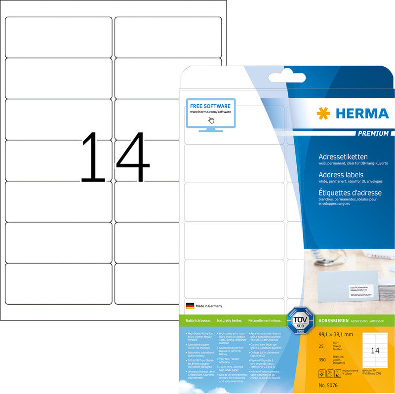 HERMA Etiketten, 99 mm × 38 mm, weiss, Papier, permanent, 25 Blätter (350 Etiketten)