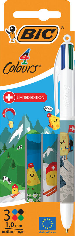 BIC 4 Colours Swiss Edition Vierfarbenkugelschreiber – 4 Farben, Spitze 0,32 mm, dokumentenecht, 3er Set