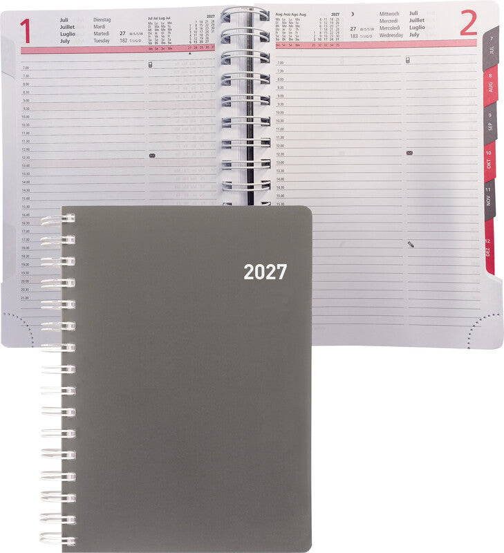 Biella Registra plus Agenda – 1 Tag pro Seite, Wire-O, 14,5 × 20,5 cm, 2026, 1/2-Stunden-Takt, Grau, FSC
