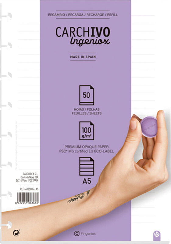 Carchivo Notizbuch-Einlagen A5, liniert, spezielle Perforierung, 100 g/m², für Spiralbuch Ingeniox – 50 Blatt