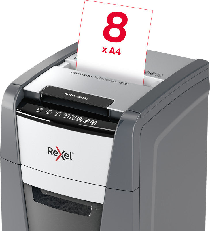 Rexel Optimum AutoFeed+ 150X – Aktenvernichter mit Autofeed 150 Blatt, DIN P-4, Partikelschnitt 4 × 28 mm, 44