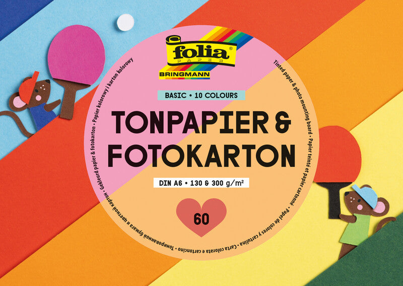 Folia Farbiges Tonzeichenpapier und Fotokarton, Papier, 14,8 × 10,5 cm, Mehrfarbig, 60 Blatt