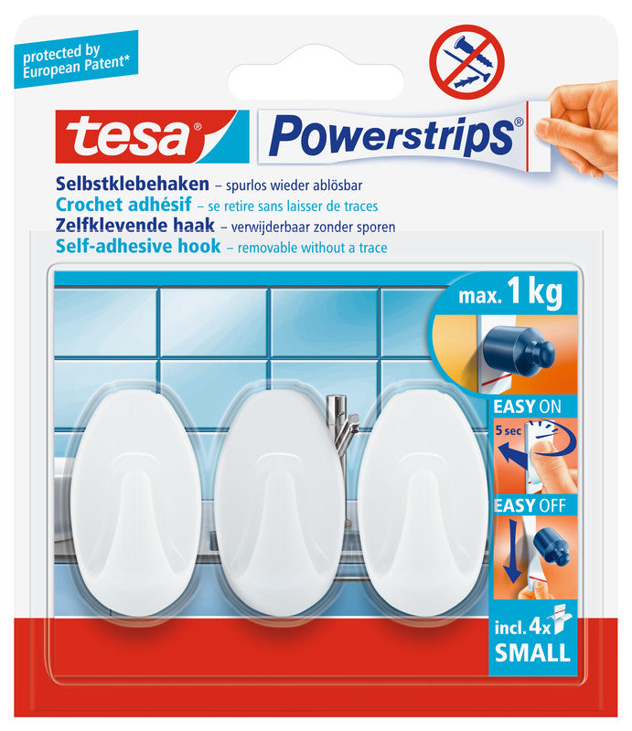 TESA Klebehaken – Kunststoff, weiss, 2,6 × 4,5 × 1,7 cm – 3er-Pack