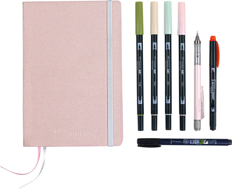 Tombow Starter Kit Handlettering – 4 ABT Dual Brush Pens, Fudenosuke, MONO graph, MONO edge, Notizbuch A5