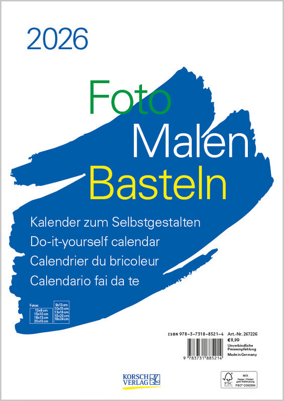 Korsch Bastelkalender 2026 – 21 × 29,7 cm – mit Tagesfeldern, mit Kartonrückwand
