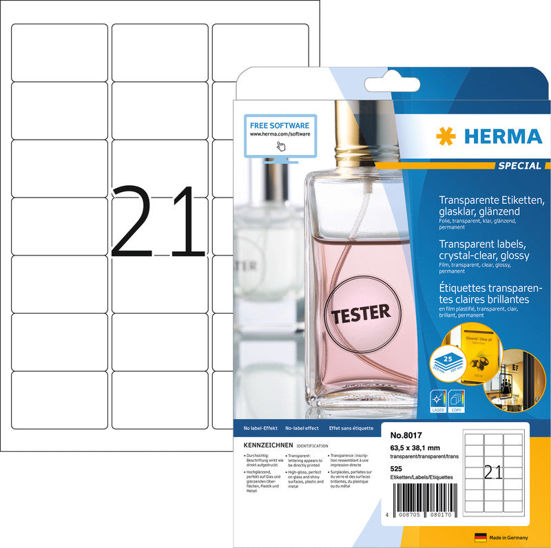 HERMA Drucketiketten, 64 mm × 38 mm, transparent, Folie, permanent, 25 Blatt (525 Etiketten)