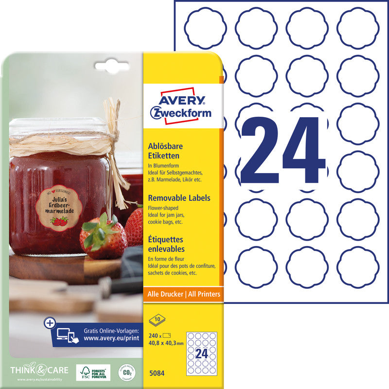 Avery Etiketten, Ø 40 mm, weiss, Papier, wiederablösbar, 240 Etiketten (10 Blatt)