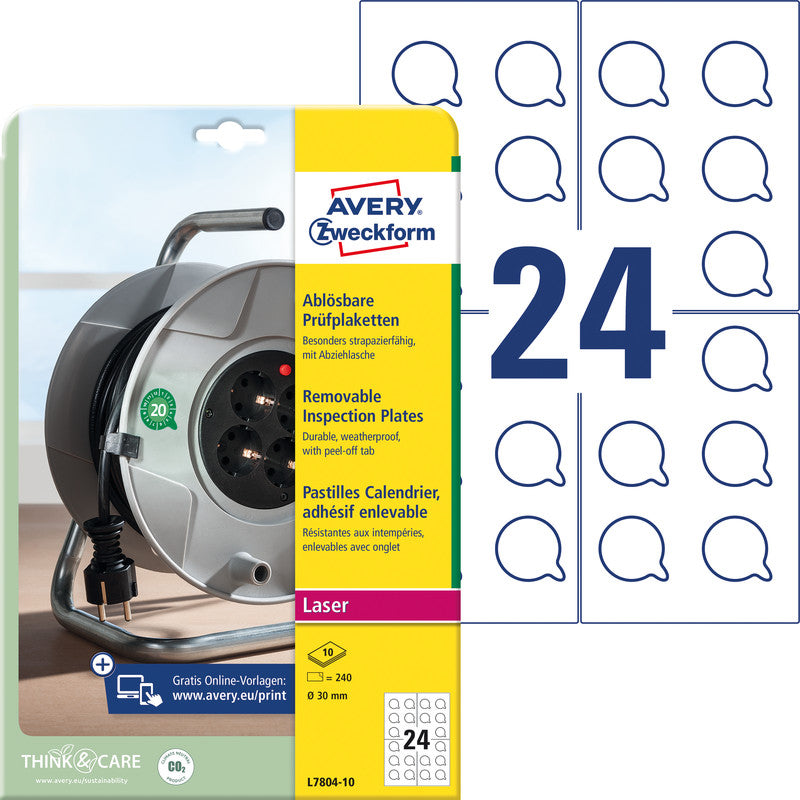 Avery Zweckform – Prüfplaketten, Ø 30 mm, weiss, Kunststoff, permanent, 240 Etiketten