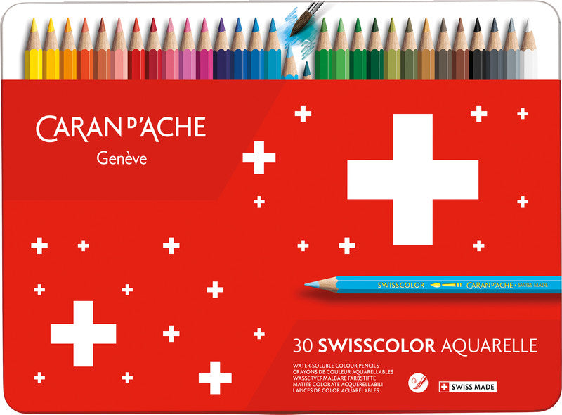 Caran d-Ache Caran d'Ache Aquarellfarbstifte Swisscolor Aquarelle – 30 Farben, im Metalletui, Ø 2,8 mm, FSC