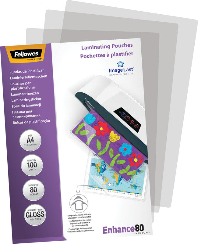 Fellowes Laminierfolien A4, glänzend – 80 µm, 216 × 303 mm, 100 Stk.