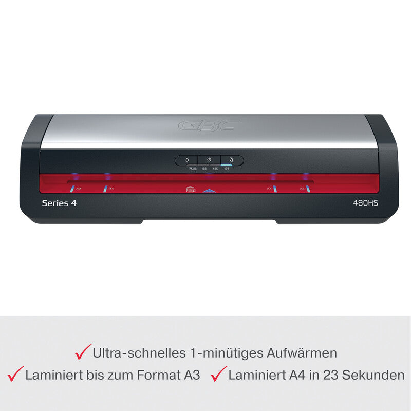 GBC 480HS Laminiergerät A3 – 4-Rollen, 75–125 µm, 1 Min. Aufheizzeit, 500 mm/min, Silber