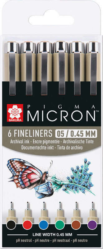Sakura Pigma Micron Fineliner – 6er-Set 0,45 mm – 6 Farben, sortiert – wasserfest