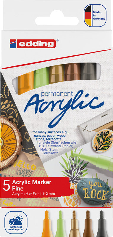 Edding Acrylmarker – sortiert (pastellgrün, sonnengelb, haselnuss, reichgold, anthrazit), 5er Set
