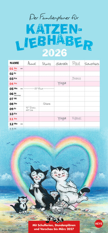 Heye Familienplaner Katzenliebhaber – für Familien – 5 Spalten – Deutsch – 2026 – 21 × 45 cm