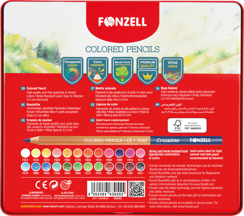 Fonzell Creative Farbstifte-Set – 24 Farben, rund, Mine Ø 3,3 mm, Metallschachtel