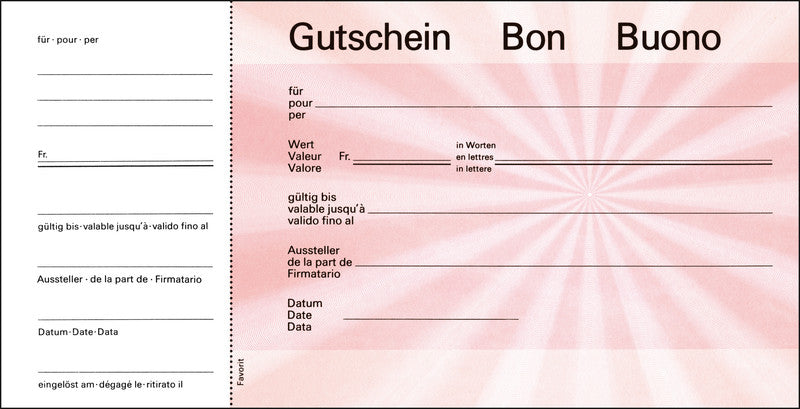 Favorit Formularblock – Geschenk-Gutscheine, mehrsprachig, 25 Blatt, 205 × 105 mm