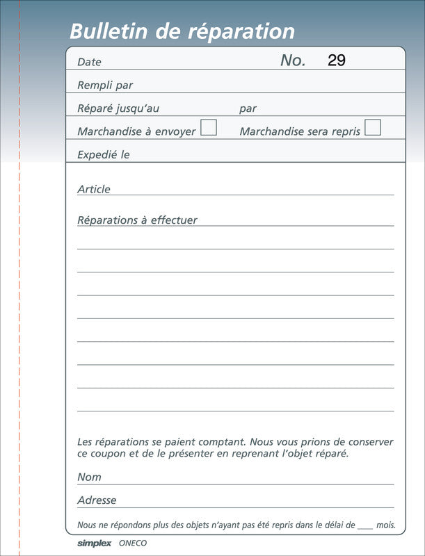Simplex Formularblock – Reparaturscheine, Französisch, 50 Blatt, A6