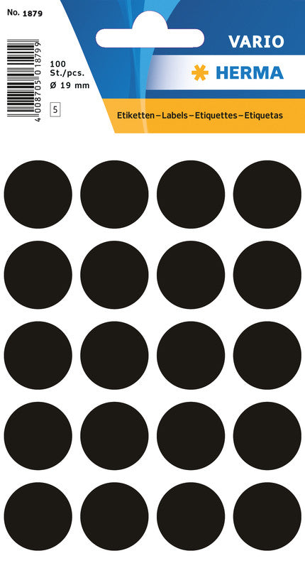 HERMA Vario Schmucketiketten – Motiv Farbpunkte – Papier, 100 Stk, 5 Bogen, Ø 19 mm