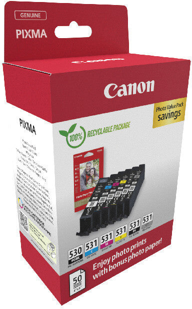 Canon Tintenpatronen-Multipack PGI530/CLI531, mit Fotopapier 100 × 150 mm (50 Blatt) – für Inkjetdrucker