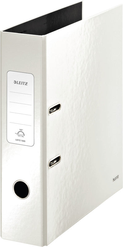 Leitz Ordner – A4 hoch – 2-Ring Hebelmechanik, Rücken 80 mm – weiss, mit Griffloch, mit Raumsparösen, FSC