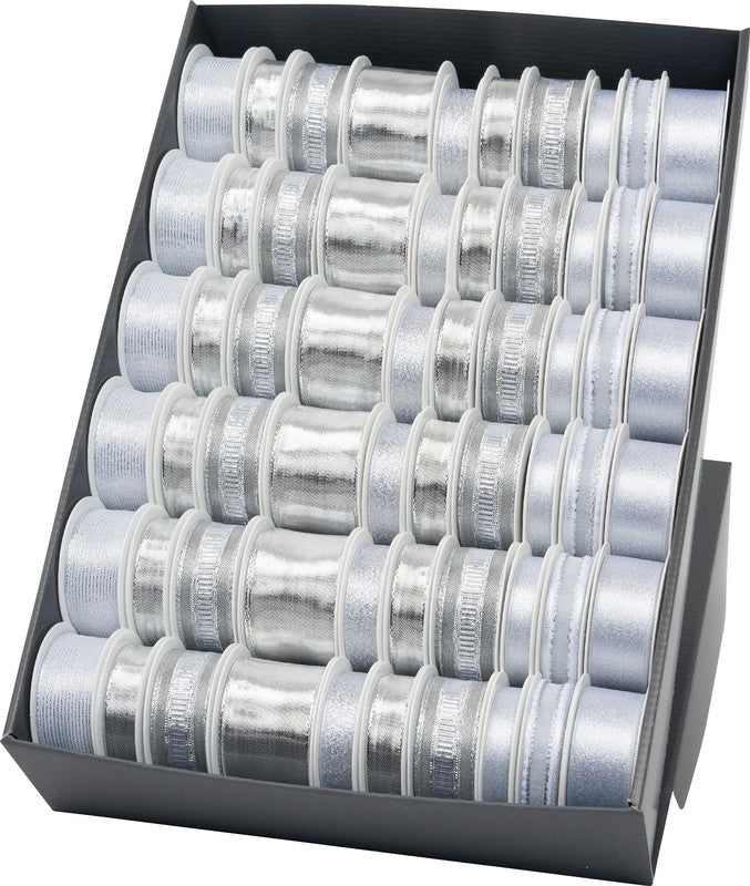 Goldina Geschenkband – Silber – Sortiment, 4 Grössen, 60 Rollen