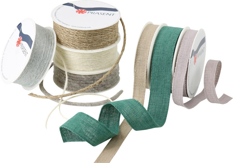 Präsent Geschenkband – Grün – sortiert, verschiedene Breiten 15–25 mm, Längen 2–5 m – kompostierbar