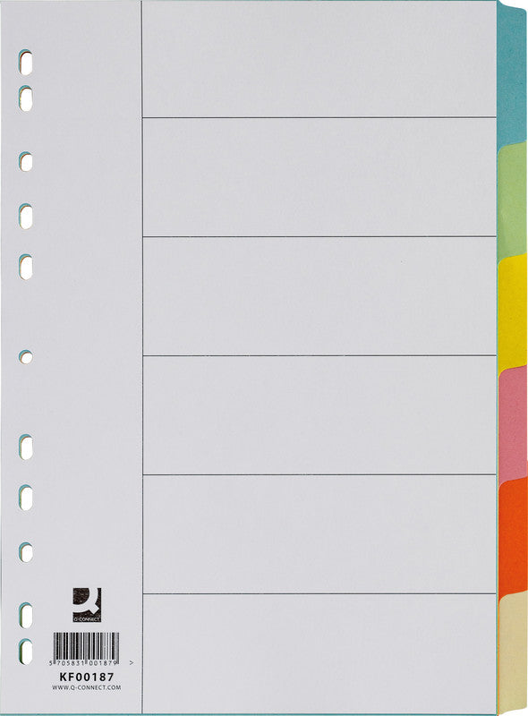 Q-connect Register – A4, 6-teilig, Karton, farbig, unbedruckt, 11-fach gelocht, für A4-Ordner
