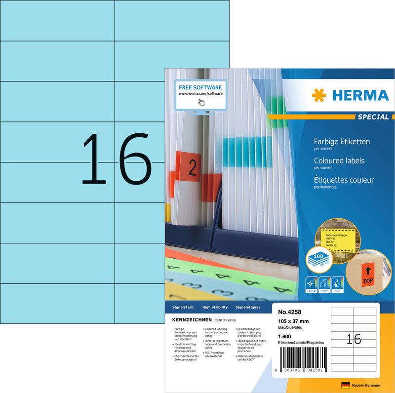 HERMA Etiketten A4 105 × 37 mm – Papier, blau – permanent haftend – Laser/Inkjet – 100 Blätter, 1'600 Stk.