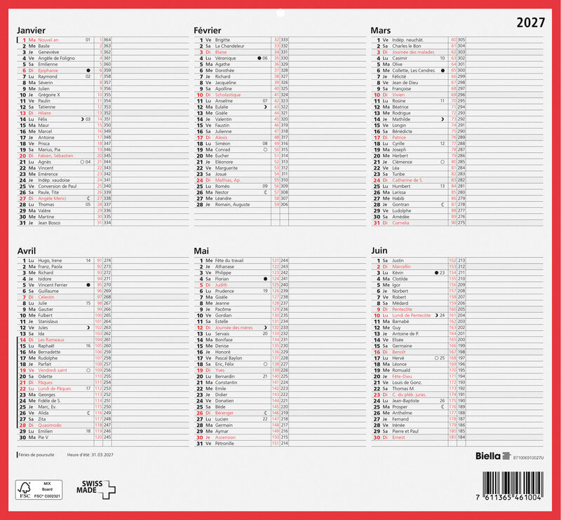 Biella Tafelkalender – 6 Monate pro Seite – Französisch – 2027 – mit Notizfeld, zweiseitig – 32 × 29,7 cm