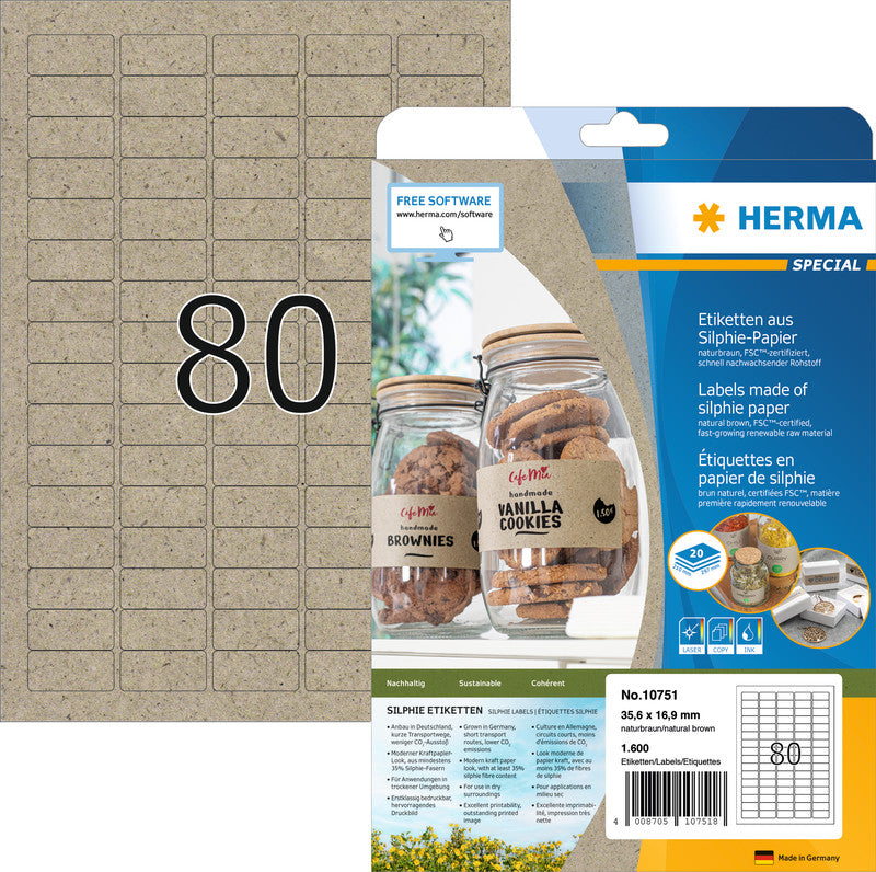 HERMA Drucketiketten, 36 mm × 17 mm, braun, Papier, permanent, 20 Blatt (1600 Etiketten)