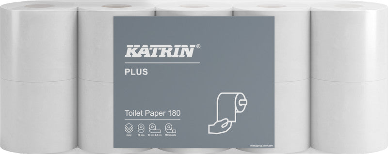 Katrin Plus Toilettenpapier – 4-lagig, weiss, 180 Blatt/Rolle, 133 × 98 mm – 10 Rollen