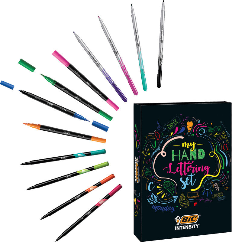 BIC Starter Kit Kalligrafie – 20 Fineliner Intensity, 12 Dual Tip Fineliner, 12 Fineliner Medium, Übungsbögen