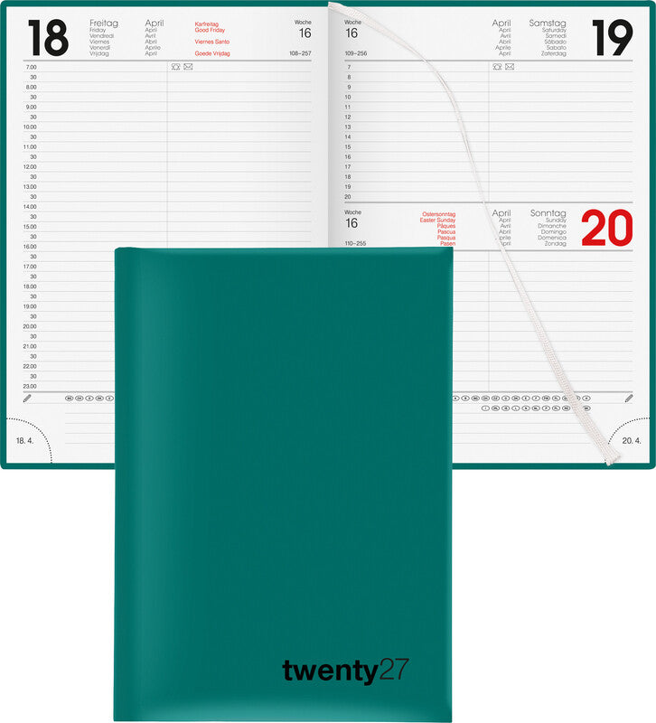 Biella Bunte Agenda – 1 Tag pro Seite, gebunden, 14,5 × 20,5 cm, 2027, ½-Stunden-Takt, Petrol, FSC