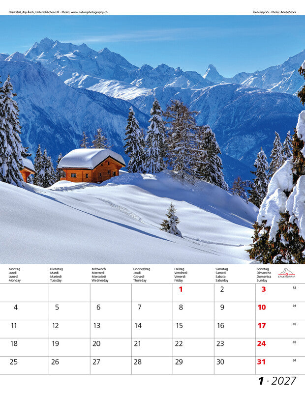 Calendaria Berge und Täler der Schweiz – Bildkalender Schweiz 2027 – 30 × 40 cm – Kalendarium d/f/i/e