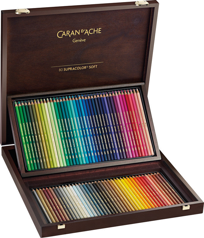 Caran d-Ache Caran d'Ache Aquarellfarbstifte Supracolor Soft – 80 Farben, im Holzkoffer, Ø 3,8 mm, FSC